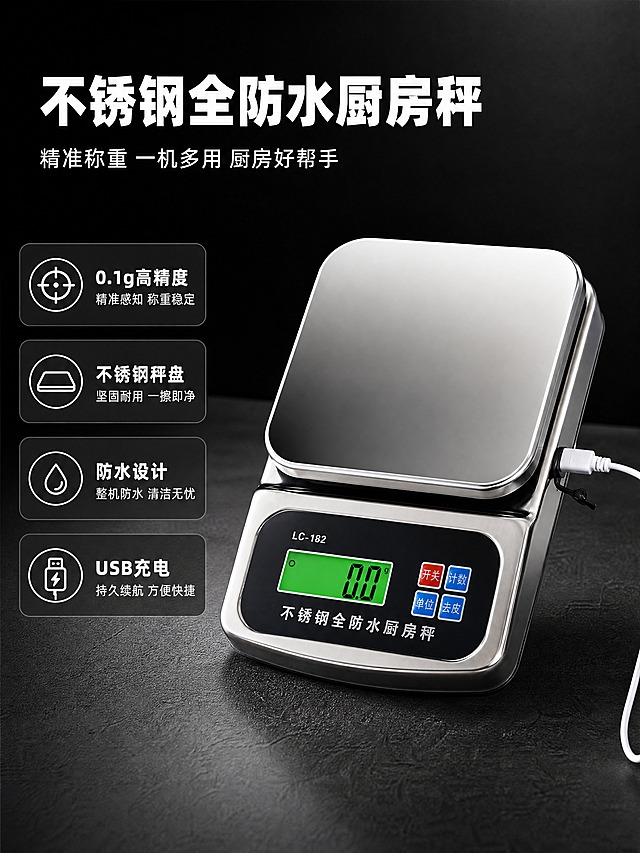 [商品] 使用【图1】LC-182不锈钢全防水厨房秤；保留产品完整结构：方形不锈钢秤盘、黑色操作面板、LC-182型号标识、显示屏、红色"开关"按钮和蓝色"计数/单位/去皮"按钮、"不锈钢全防水厨房秤"白色文字、银色金属边框、右侧USB充电口及白色充电线；商品处理：去除秤盘表面的灰尘、污渍和划痕，让不锈钢秤盘光滑洁净有镜面反光质感，显示屏改为亮绿色背光显示黑色数字，整体产品精修，金属质感高级，不改变产品结构和文字内容。
[画面] 目标为产品核心卖点介绍详情页，左右分栏构图。左侧约40%为文字卖点区，右侧约60%为产品主体展示。产品电子秤位于画面右侧中部，占画面约50%，略微仰视角度，展现秤的立体感和质感，秤盘光洁如镜有环境反光，绿色屏幕清晰亮起，右侧白色充电线自然延伸。背景为深灰色高级质感台面，上方为纯黑渐变背景，有柔和顶光打亮产品，营造高端产品展示氛围。画面底部有细微产品投影，增强立体感。整体层次：前景台面、中景产品主体、后景深色渐变背景，≥3层视觉层次。
[视觉] 套系策略：风格=高级暗调产品商业摄影风；标题字=粗黑体厚重有力；正文字=简洁无衬线体；主色=深黑灰+不锈钢银；背景延展=基于深灰黑做深浅层级，上部纯黑渐变、中部深灰台面、亮银产品主体；强调色=亮绿色（屏幕背光）+红色（开关按钮），仅用于小面积点缀；标题色=纯白色；正文色=浅灰白色；组件=圆角半透明黑底信息卡、白色细线图标、数字高亮；光影=左前侧45度主光，右侧轮廓光勾勒金属边缘，顶部柔光提亮秤盘，整体暗调高级有质感。
[文字] 左侧区域顶部主标题"不锈钢全防水厨房秤"，大字号白色粗体醒目；主标题下方副标题"精准称重 一机多用 厨房好帮手"；下方4个卖点竖排，每个卖点配图标和标题+小字说明：1. "0.1g高精度" 配靶心图标 + "精准感知 称重稳定"；2. "不锈钢秤盘" 配秤盘图标 + "坚固耐用 一擦即净"；3. "防水设计" 配水滴图标 + "整机防水 清洁无忧"；4. "USB充电" 配充电图标 + "持久续航 方便快捷"。文字全部横向排版，手机端清晰可读，不遮挡产品主体。
[规格] 图片比例3:4竖版，4K，避免变形、错字、文字过小、产品结构改变、颜色失真、冷蓝灰偏色、虚假功效承诺、绝对化用语。