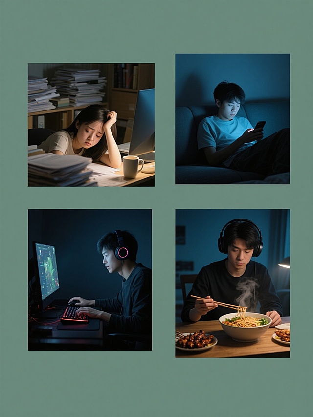 一组四张同风格熬夜主题场景的系列素材集合，规整排布于纯色背景上。每张场景保持原图的写实摄影风格、温馨而略带疲惫的夜晚氛围、侧光照明效果（光源来自一侧，形成明显的明暗对比和柔和阴影）、以及细腻的人物表情刻画和物体质感表现，但整体画面色彩各不相同。第一张：一位年轻女性深夜在书桌前工作，趴在堆满文件的电脑旁，一手撑头一手握咖啡杯，面露倦容；第二张：一位年轻人窝在沙发里，全神贯注地低头玩手机，屏幕光映在脸上，周围环境昏暗；第三张：一位男性玩家戴着耳机，双眼紧盯电脑屏幕，神情专注地进行电子游戏，键盘鼠标在手边；第四张：一个人坐在餐桌旁，面前摆放着热气腾腾的夜宵（如一碗面或烧烤），正拿着筷子准备享用，表情放松。所有场景都应体现出深夜的静谧感和熬夜的特征，构图清晰，信息传达直接，整体设计感统一且符合熬夜主题的氛围。