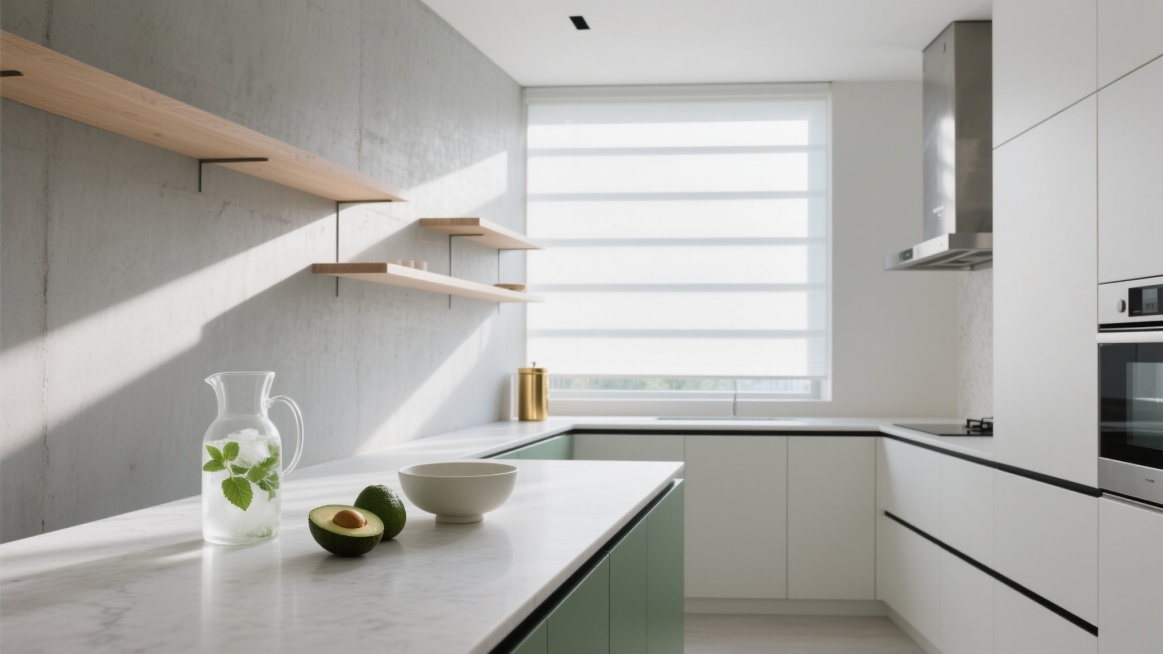 全景构图，极简主义开放式厨房，60%留白空间由灰调水泥墙面与悬浮式浅木色置物架构成，中央岛台以哑光白人造石打造，台面仅点缀三件器物：半透明玻璃水壶盛着薄荷冰块、单只哑光白陶瓷碗卧着两颗牛油果、拉丝黄铜调味罐静立角落。阳光透过整面落地窗形成水平光带，在台面上切割出明暗几何，右侧嵌入式家电区域以黑色线条勾勒轮廓，不锈钢烟机与墙面形成垂直视觉引导。整体色调采用莫兰迪色系的灰白基底，局部以牛油果绿与黄……预览效果