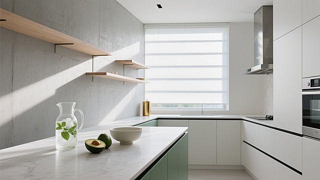 全景构图，极简主义开放式厨房，60%留白空间由灰调水泥墙面与悬浮式浅木色置物架构成，中央岛台以哑光白人造石打造，台面仅点缀三件器物：半透明玻璃水壶盛着薄荷冰块、单只哑光白陶瓷碗卧着两颗牛油果、拉丝黄铜调味罐静立角落。阳光透过整面落地窗形成水平光带，在台面上切割出明暗几何，右侧嵌入式家电区域以黑色线条勾勒轮廓，不锈钢烟机与墙面形成垂直视觉引导。整体色调采用莫兰迪色系的灰白基底，局部以牛油果绿与黄铜色作为情绪点缀，材质表现聚焦于石材的细腻肌理与金属的柔和反光，营造出克制而富有呼吸感的当代生活场景。