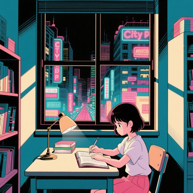 一个小女孩坐在书桌前认真学习的场景，桌上放着打开的书本和台灯，窗外是城市夜景，霓虹灯闪烁，整体色调明亮复古，带有Citypop风格的光影效果和色彩搭配预览效果