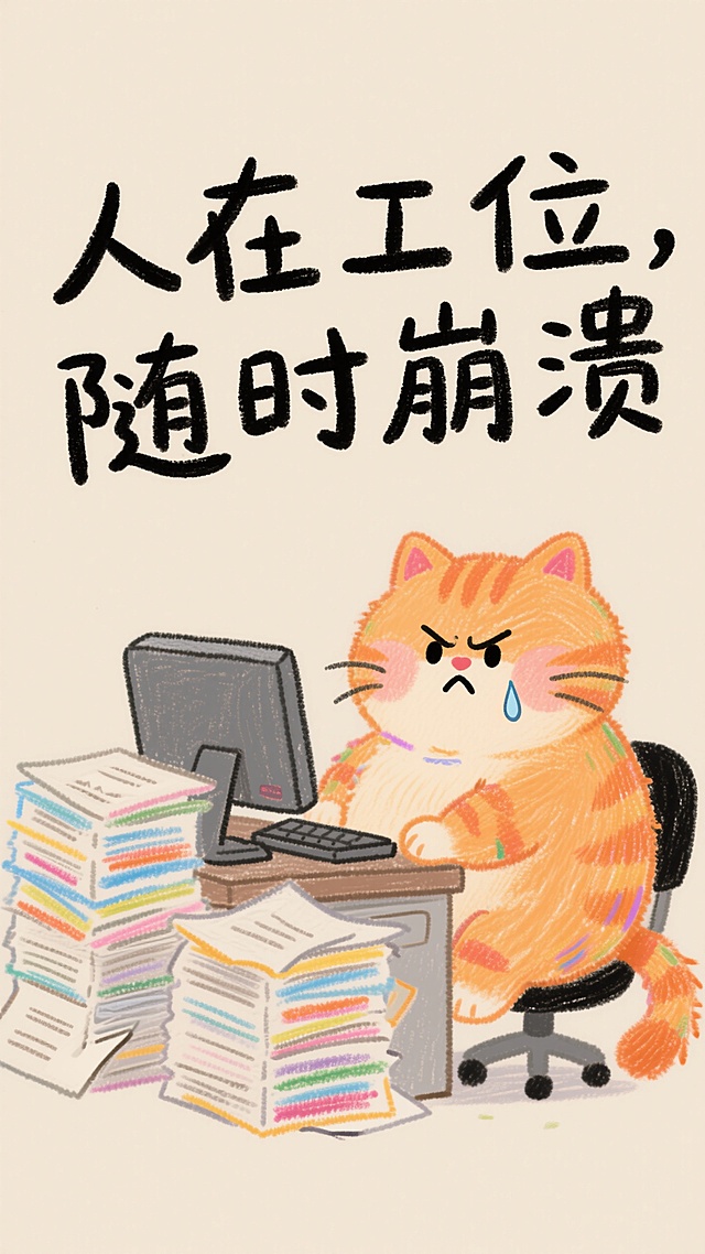 彩色简笔画卡通，粗线条勾勒，左边一个超级可爱的拟人胖胖橘猫，坐在电脑前，周围有两摞文件乱七八糟的，恼火生气，痛苦不情愿，米色纯色背景，顶部大毛笔“人在工位，随时崩溃”