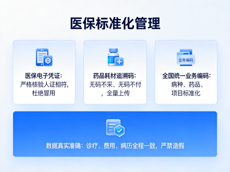 一张医保标准化管理宣传信息图，内容包含四点：✅ 医保电子凭证：严格核验人证相符，杜绝冒用✅ 药品耗材追溯码：无码不采、无码不付，全量上传✅ 全国统一业务编码：病种、药品、项目标准化✅ 数据真实准确：诊预览效果