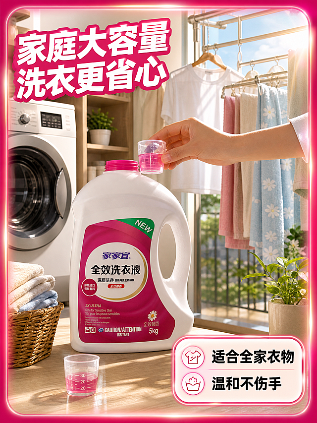 [主图-4] 家家宜全效洗衣液 家庭阳台真实使用场景图。
[统一基调] 电商爆款高点击风格 玫红+洁净白+金色点缀 粗黑大标题+圆角信息卡 四周带渐变发光爆款边框 画面饱满有冲击力 洁净明亮家居氛围。
[画面] 家家宜全效洗衣液摆放在明亮的家庭阳台洗衣区台面上 瓶身外观与原图一致 占画面约40%。旁边有洗衣机 晾晒架上挂着洁净的衣物 毛巾 床单等 阳光从窗外洒入 营造温暖明亮的家庭洗衣场景。台面上还有洗衣篮 量杯等小道具 生活感强。一位女性的手正在用量杯取洗衣液 动作自然 只展示手部和小臂 不出现面部。背景是明亮的阳台 有绿植点缀。四周有玫红色爆款边框。
[光影质感] 自然光摄影质感 阳光从右侧窗户照入 形成柔和的光影 衣物有自然垂坠感 瓶身有环境光反射 整体温暖明亮有生活气息。
[配色] 主色玫红+白 场景色为暖木色+浅绿+天蓝 阳光暖黄色调 整体温馨明亮 标题用玫红底白字。
[文字版式] 左上角标题"家庭大容量 洗衣更省心" 右下角信息卡"适合全家衣物 温和不伤手"。字体为粗黑体 文字放在负空间 不遮挡产品主体。
[输出要求] 比例3:4 场景真实自然 产品清晰融入场景 手部动作自然无畸形 无平台logo 无违规词 无错字 生活感强。