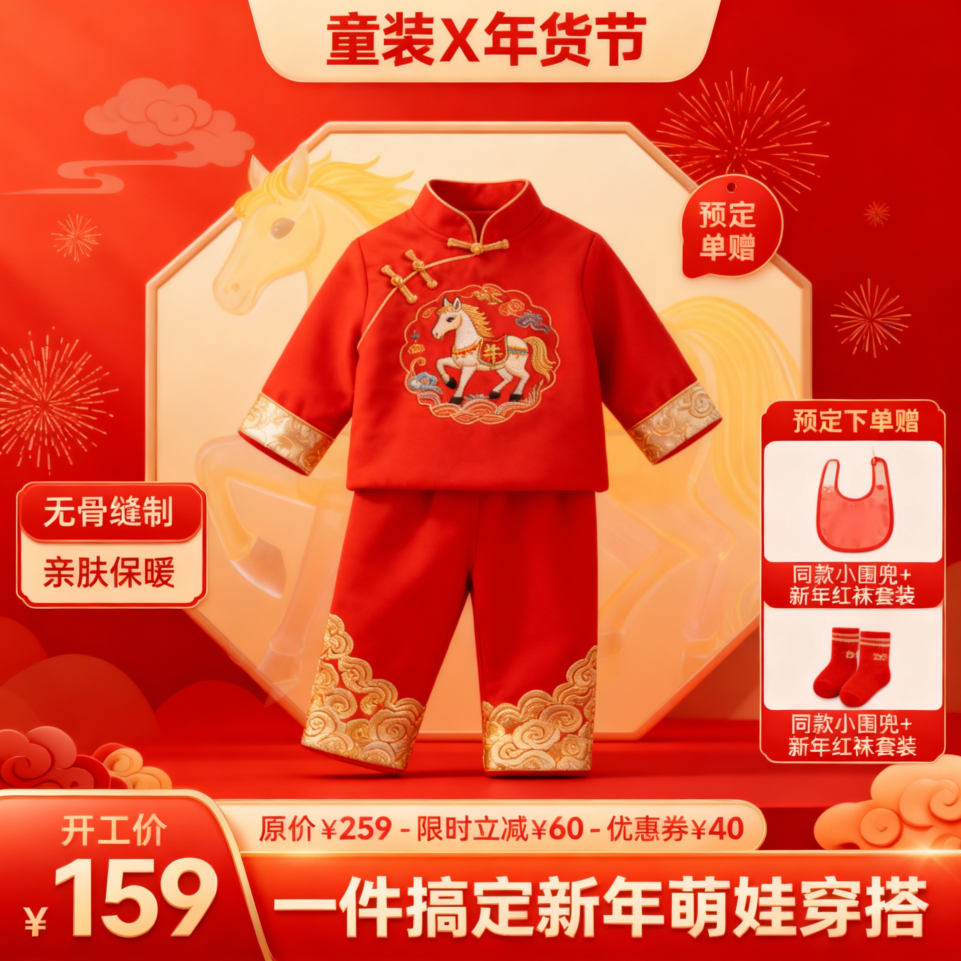 服装年货节电商促销主图，背景点缀半透明淡黄奔马图形，背景为奢华… - 图片创意预览