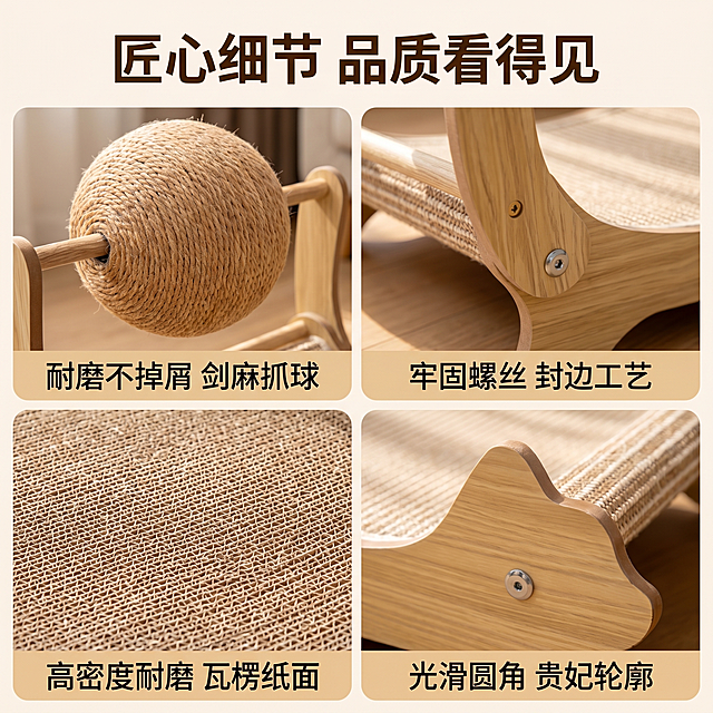 贵妃猫抓床产品卖点细节详情图，采用四分格构图展示四个核心卖点细节，每个格子分别展示一处产品细节：1左上角 剑麻抓球特写，展示紧密编织纹理，耐磨不掉屑；2右上角 实木框架连接处特写，展示牢固螺丝和封边工艺；3左下角 瓦楞纸抓磨面特写，展示高密度耐磨材质；4右下角 贵妃弧形轮廓特写，展示打磨光滑的圆角边缘。整体风格统一，浅原木暖色调，每个细节格子上方标注对应卖点文字，保持产品材质颜色和原图一致。顶部大标题写"匠心细节 品质看得见"，整体干净清晰，商业电商详情图风格，1:1比例，2k分辨率，文字清晰可读。负向提示：变形，水印，文字错乱，背景杂乱，色彩反差过大