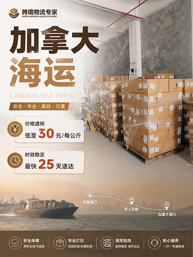加拿大海运物流服务宣传海报，核心文案为"加拿大海运"主标题，副标题"价格透明低至30元/每公斤"，卖点"时效稳定最快25天送达"。使用图2堆货托盘实景作为主视觉中心，整体风格是靠谱跨境物流宣传，大地色系专业工业风，画面版式精美，文字醒目突出，3:4竖版构图，文字不遮挡货物主体，保留真实货物打包场景，添加海运航线元素装饰，突出价格和时效优势