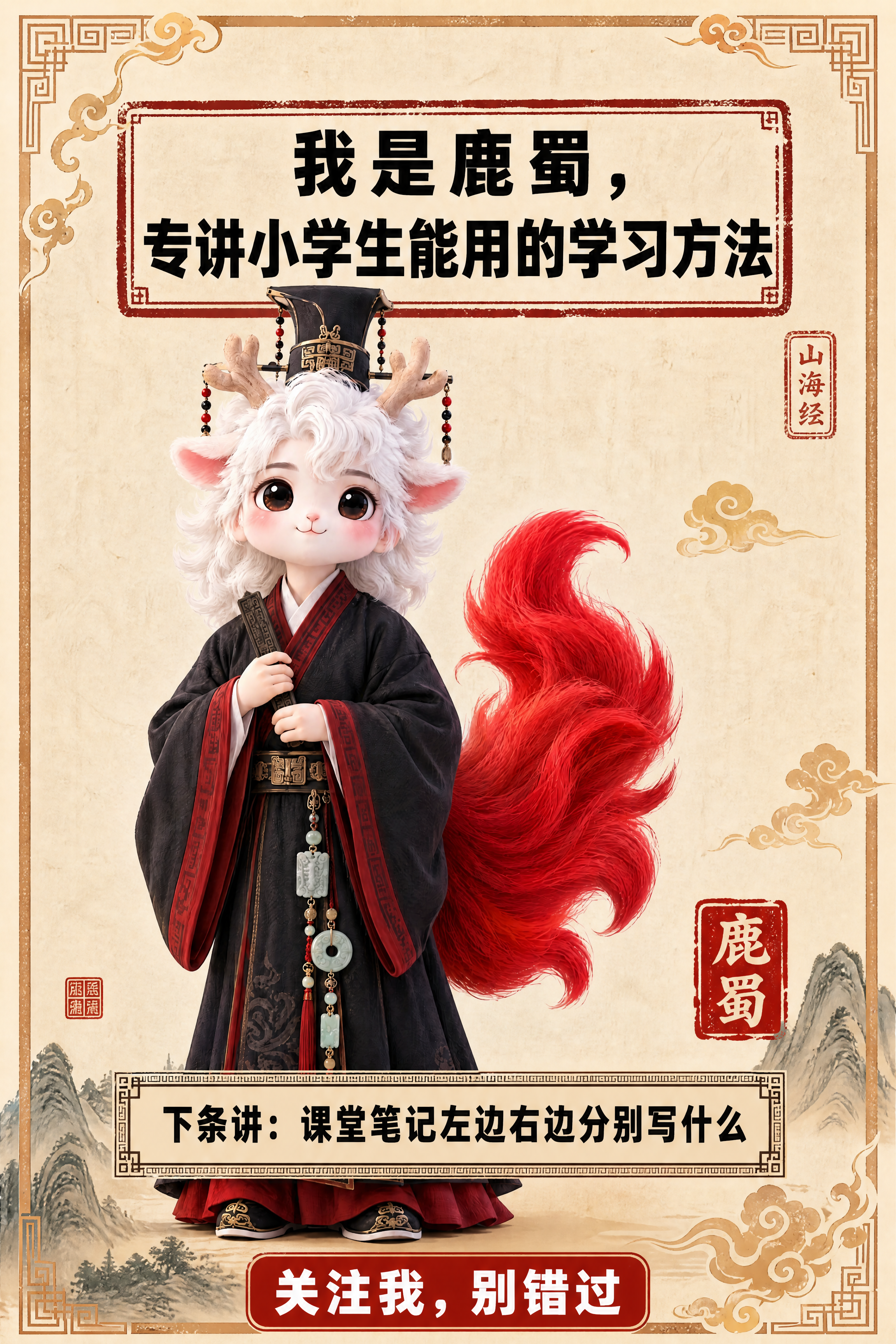 小红书笔记结尾页，统一模板，国风山海经风格，米黄色宣纸纹理背景… - 图片创意预览
