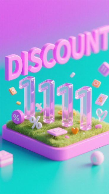 背景是从粉紫色渐变到青绿色的色调。整体有一些 “DISCOUNT” 的背景文字以及透明玻璃质感“1111”元素。周围有其他点缀，营造促销氛围。预览效果