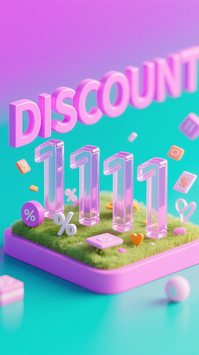 背景是从粉紫色渐变到青绿色的色调。整体有一些 “DISCOUNT” 的背景文字以及透明玻璃质感“1111”元素。周围有其他点缀，营造促销氛围。