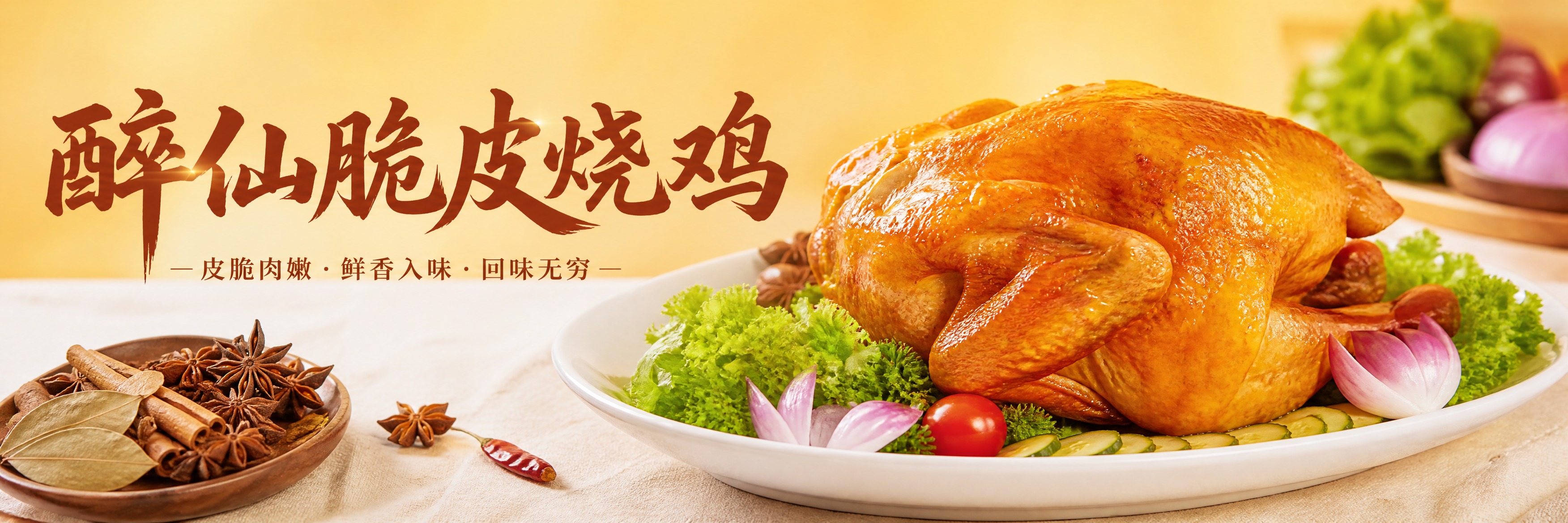 烧鸡美食海报横幅，一只金黄酥脆的整只烧鸡摆放在白色瓷盘中，外皮… - 图片创意预览