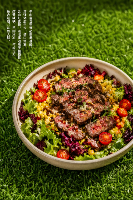 美食特写，将原图中的牛排沙拉产品放置在平整嫩绿仿真草坪作为背景，完整保留产品所有可见组件、轮廓、结构、比例、材质、颜色，产品为第一视觉焦点，左上角添加白色竖排小字文字："牛肉富含完整必需氨基酸，助力肌预览效果