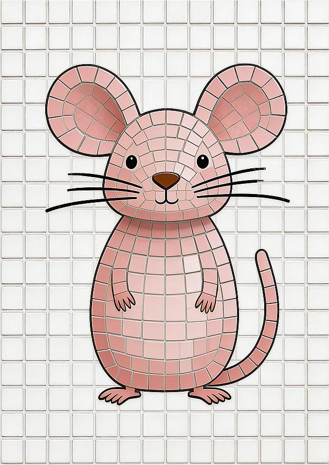 基于原图生成A4尺寸手工马赛克镶嵌画，每个马赛克碎块为1×1cm正方形，带白色1×1cm网格基底，保留瓷砖缝隙白色线条，手工拼贴质感，高清写实，细节清晰，适合打印，无多余元素，纯白背景，精准1cm单元网格，保留原有粉色小老鼠图案内容不变