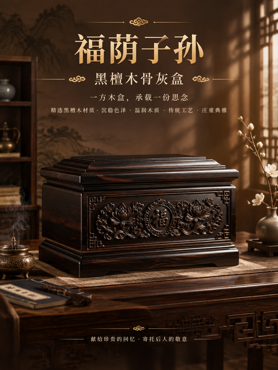 [商品] 黑檀木骨灰盒「福荫子孙」，正面45°视角；保留天地盖… - 图片创意预览