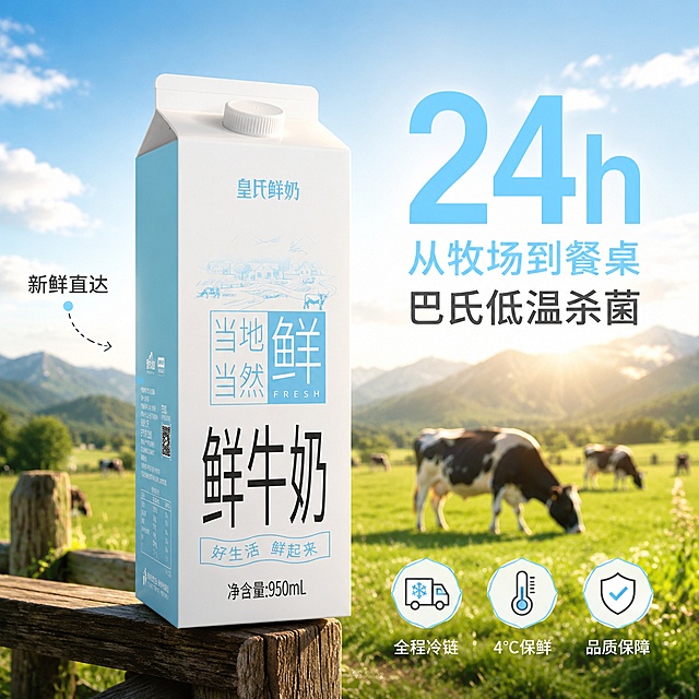 电商主图第二张，皇氏鲜奶鲜牛奶产地溯源主题。产品盒身45度斜侧视角展示，放置在木质牧场围栏上，背景是广阔的绿色牧场和悠闲吃草的黑白花奶牛，远处有连绵的青山和蓝天白云。清晨柔和的阳光洒在产品上，形成温暖的金色边缘光。画面右侧用超大数字突出核心卖点：数字"24h"用浅蓝色粗体大号字体，旁边配小字"从牧场到餐桌"；下方"巴氏低温杀菌"用深灰色中号字体。左侧产品旁有细虚线引线指向产品盒，标注"新鲜直达"。底部有三个小图标横向排列：冷链车图标配文"全程冷链"、温度计图标配文"4°C保鲜"、盾牌图标配文"品质保障"。保持产品外观与输入产品图绝对一致，杜绝变形色差。商品主体占比约65%。商业摄影质感，自然暖阳逆光，画面通透干净。1:1比例，文字清晰锐利，超高清。