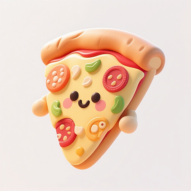 3D风格的披萨emoji图标，白色背景，精细刻画细节，可爱和美味