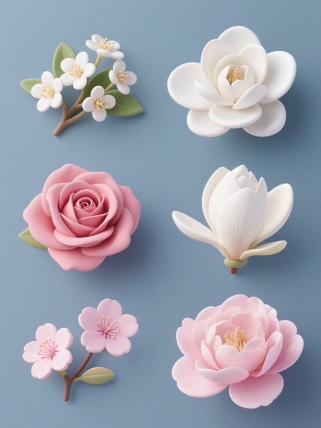 六张规整排布的花卉素材，每张素材为单一花朵造型图案，分别包含栀子花、桂花、玫瑰花、白玉兰、樱花、芍药元素。整体造型简约现代，采用纯色背景，软3D风格。花朵具有柔和的立体感，花瓣层次分明，边缘圆润，色彩纯净。栀子花洁白素雅，花瓣层层叠叠；桂花小巧精致，簇拥绽放；玫瑰花娇艳饱满，花型优美；白玉兰高雅大方，花瓣舒展；樱花粉嫩可爱，花蕊清晰；芍药雍容华贵，花瓣丰盈。每张素材构图简洁，突出花朵主体，视觉效果清新明快。