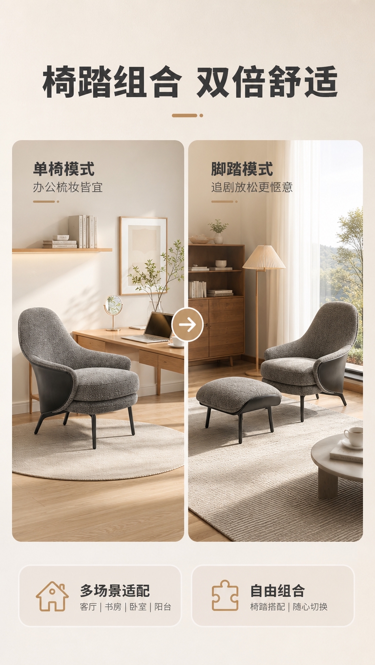 [商品] 使用【图1】灰色布艺休闲椅及配套脚踏；保留休闲椅与脚… - 图片创意预览