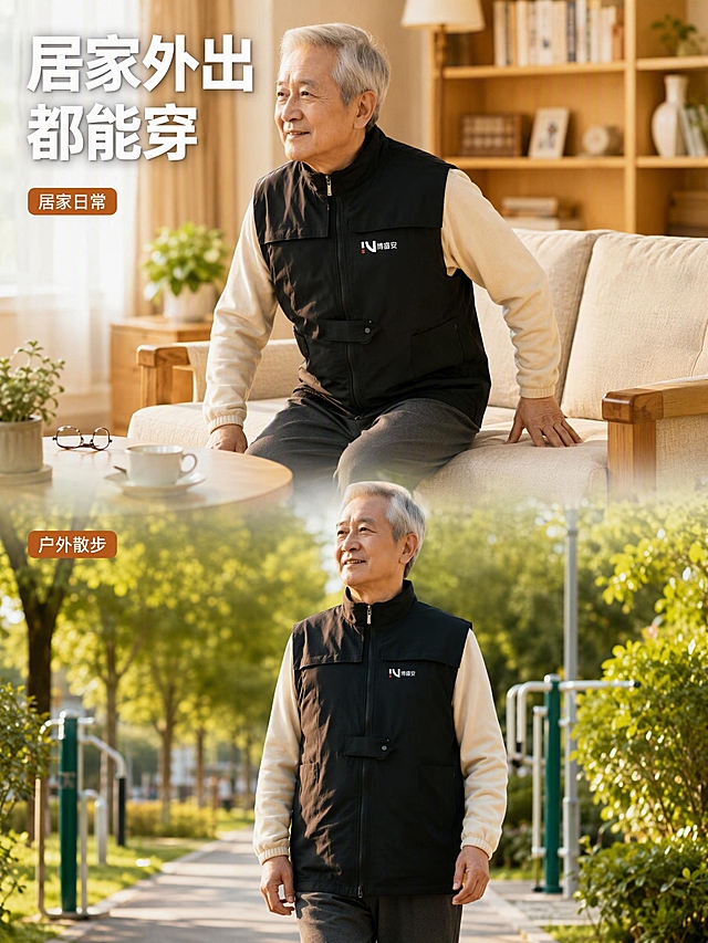 [主图-3] 防摔马甲多场景使用图，小红书生活方式场景延展。
[氛围风格] 温暖安心的居家养老风，真实生活场景感，自然松弛的氛围。
[画质] 商业摄影质感、光线柔和通透、产品清晰真实、画面干净高级、超高清细节。
[元素] 画面采用上下分屏的双场景构图（同一位60岁中国老年男性，与前图同一人，内搭浅米色长袖，下装深灰休闲裤），均穿着同款黑色防摔马甲（未充气日常状态）。上半部分场景：居家客厅场景，老人正从沙发上缓缓站起，手扶沙发扶手，动作自然，背景有茶几、茶杯、老花镜、绿植，体现居家日常防护。下半部分场景：户外小区公园步道场景，老人在阳光下慢走，身旁有绿树和健身器材，体现外出活动也能穿。防摔马甲100%还原上传商品图的产品外形、LOGO、印刷文字、颜色、面料质感、口袋结构、拉链样式，杜绝任何变形和色差。两个场景之间用柔和的渐变过渡，不生硬切割。画面禁止出现多余的手、多余的手指、畸形手、融合手指、手部扭曲、肢体穿模、人物面部扭曲、关节反折。
[光影] 上半场景为室内暖光，左侧窗边柔光，色温偏暖；下半场景为户外自然光，明亮柔和，阳光从侧上方照射，整体两个场景都保持温暖明亮的调性。
[配色] 主色沉稳黑（马甲）；辅色暖米色（居家场景）、清新绿（户外绿植）；强调色暖橘棕（标签点缀）。
[视角构图] 上下双场景构图，各占约50%高度，中间柔和过渡；每个场景均为平视中景，人物动作自然不僵硬。
[文字版式] 画面左上叠加主标题"居家外出 都能穿"，白色粗体大字带轻微深色描边确保可读，不压人脸。每个场景角落各有一个小标签：上场景左上角"居家日常"，下场景左上角"户外散步"，暖橘棕色圆角标签白字，小巧不抢主体。
[输出要求] 3:4比例，文字清晰可辨，超高清商业摄影质感。
[负向提示词] 变形，文字错乱，产品图模糊，背景杂乱，水印，电商平台Logo，年轻模特，欧美面孔，生硬分割线，穿模。