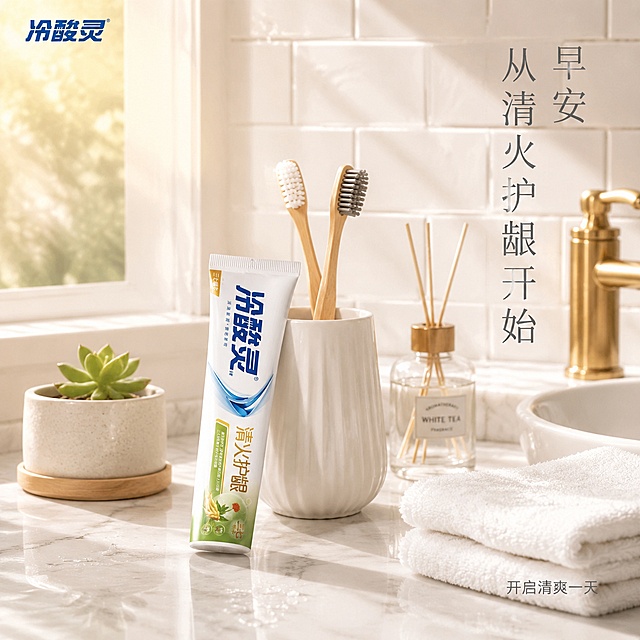[主图-5] 冷酸灵清火护龈牙膏 晨间洗漱台 阳光生活仪式感
[氛围风格] 晨间阳光生活仪式感 北欧风洗漱台 清新治愈 抖音生活方式
[画质] 超高清生活美学摄影质感 晨光柔和 产品清晰 画面温暖治愈
[元素] 画面展现北欧风洗漱台一角 白色大理石台面 冷酸灵清火护龈牙膏管斜靠在白色漱口杯旁 产品外观与输入产品图绝对一致 杜绝变形色差 精细化处理 商品主体占比约35% 旁边有木质牙刷架 两支牙刷 一小盆多肉植物 玻璃香薰瓶 折叠的白色毛巾 背景是白色 subway 瓷砖墙 金色水龙头 左侧窗户透进金色晨光 形成长长的光影 台面上有几滴水珠 画面满屏无边框
[光影] 左侧晨光为主光 暖金色 斜射形成长影 右侧柔和补光 整体暖调明亮 大理石纹理清晰 玻璃通透 生活质感细腻 治愈温暖
[配色] 主色白色+大理石灰 辅色金色晨光+原木色+冷酸灵蓝+绿植点缀 背景白色瓷砖
[视角构图] 侧视微俯 洗漱台横向构图 产品在视觉中心 前后景分层 景深较浅 背景虚化
[文字版式] 画面右上角竖排大标题"早安 从清火护龈开始"大号灰色细体 分三行 左上角极小"冷酸灵"蓝色logo 底部右下角小字"开启清爽一天"浅灰色细体 文字极少 纤细 放在负空间 不抢画面 生活美学感强
[输出要求] 1:1比例 文字清晰锐利 超高清生活美学摄影质感
[负向提示词] 变形 文字错乱 产品图模糊 背景杂乱 水印 电商平台Logo