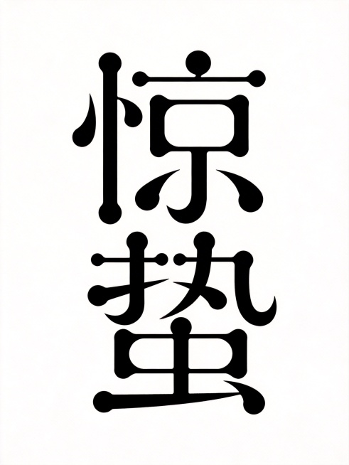纯白色背景，黑色“惊蛰”复古美术字体，字体形状和笔画调整为圆形+几何风格预览效果