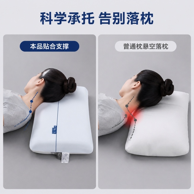 [主图-6] 深睡枕侧睡承托对比，对比普通枕与本品支撑效果。左图本品 右图普通枕，本屏使用【图1】产品图作为本品主体。
[氛围风格] 对比直观，清晰突出差异。
[画质] 商业摄影质感、光线柔和通透、产预览效果