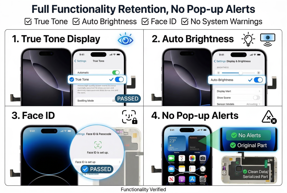 亚马逊3C数码A+详情页风格，和主图风格统一，功能完整性验证图。画面四宫格布局，每个功能配亮屏截图+图标，展示四大核心功能：原彩显示、自动亮度、Face ID、无弹窗。背景是纯白，干净清晰，功能导向。预览效果