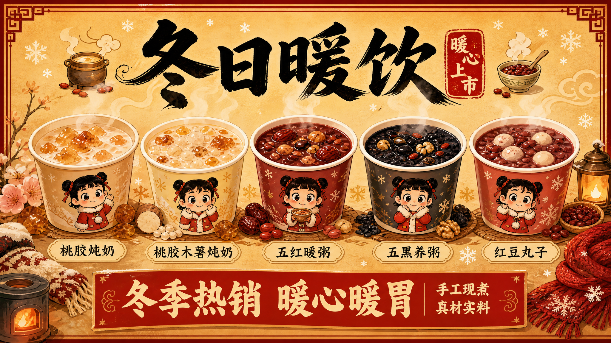 国潮手绘风格糖水铺冬季暖饮主题灯箱广告，横版16:9比例，暖棕… - 图片创意预览