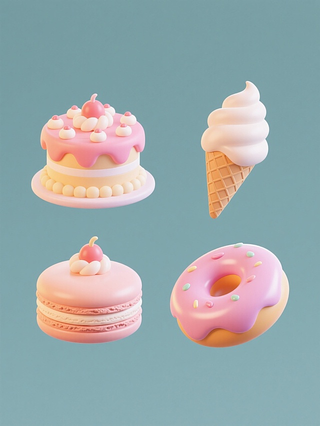 一组四个3D渲染的甜点系列素材，保持相同的卡通可爱风格和规整排布，每个甜点具有不同元素内容，整体色彩变换但保持柔和渐变色调，元素类目为甜点，包括不同造型的蛋糕、冰淇淋、马卡龙和甜甜圈，每个甜点都有光滑的表面质感、圆润的形状、立体感的装饰和细腻的光影效果，背景为纯色，整体呈现出甜美、梦幻、欢快的氛围，所有元素清晰可辨且布局整齐。