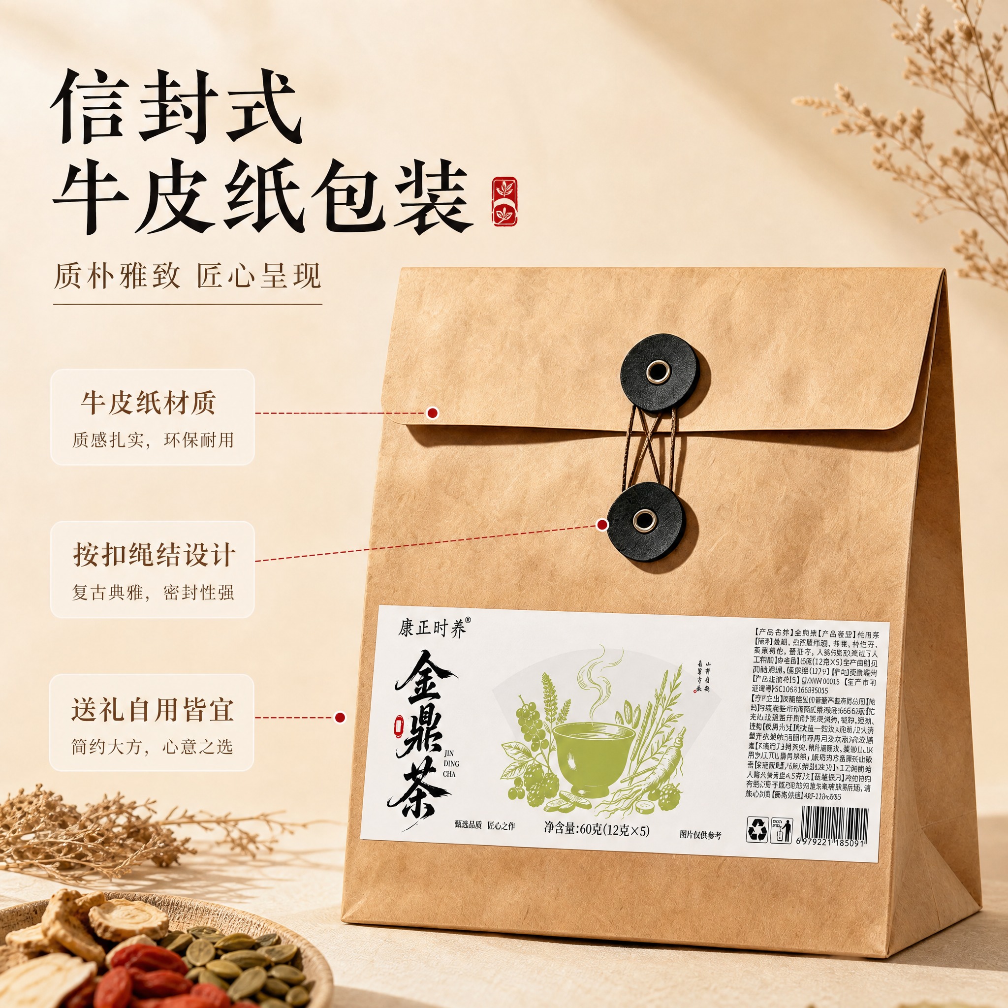 [主图-3] 包装细节：信封式牛皮纸外袋质感与结构特写，突出包… - 图片创意预览