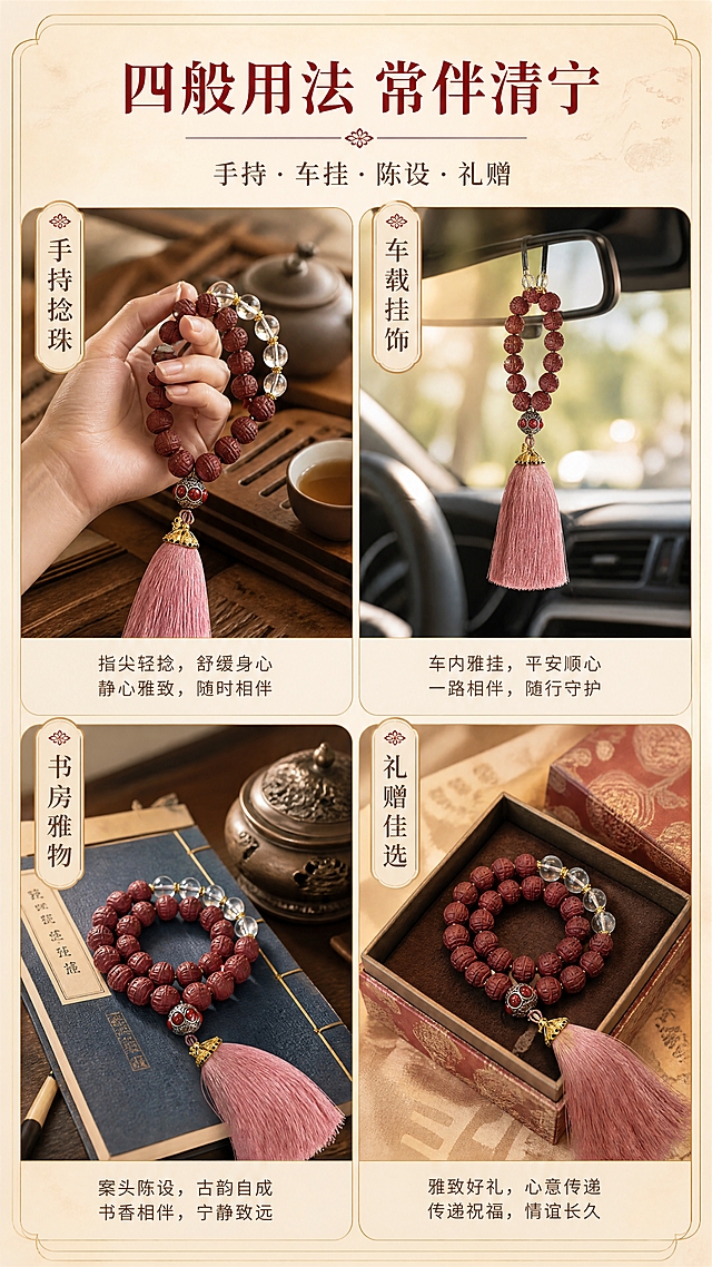 [商品] 使用【图1】宫中香药香珠手串；保留全部结构、颜色和材质；商品处理：根据不同场景自然摆放，理顺流苏，增强质感，不改变珠子数量和颜色。
[画面] 目标：使用场景页，多场景拼图展示手串的多种用法。构图：画面分4格——左上「手持捻珠」（手部轻持手串，背景茶席），右上「车挂装饰」（手串挂于车内后视镜，背景虚化车内饰），左下「书房陈设」（手串置于古籍与香炉旁），右下「随身伴手」（手串放于锦盒中）；每格之间用浅金细线分割，整体背景暖米色宣纸；阅读动线：从左上到右下。
[视觉] 套系策略：风格=明媚东方新中式商业摄影；标题字=宋体衬线粗体（古风雅致）；正文字=简洁无衬线体；主色=朱砂红+烟粉+米金+暖白；背景延展=基于暖米白做宣纸肌理、同色渐变与浅金描边层次；强调色=朱砂红，仅用于小面积图标、引线、标签和标题重点字；标题色=深朱砂红；正文色=暖棕灰；组件=圆角米白底信息卡、细金线引线、印章式小标签；光影=左前侧暖柔光，右侧补光，整体明亮通透。
[文字] 顶部主标题「四般用法 常伴清宁」，副标题「手持·车挂·陈设·礼赠」；每格配短标签：手持捻珠｜车载挂饰｜书房雅物｜礼赠佳选；文字区顶部与各格角落分布，不遮挡手串主体。
[规格] 图片比例9:16竖版，4K分辨率，负向提示：避免变形、错字、文字过小、冷蓝/冷灰背景、珠子颜色改变、场景杂乱、现代感过强。