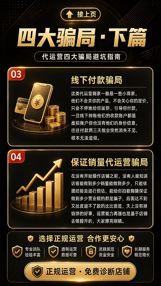 [画面] 目标为「代运营四大骗局避坑指南」下半页，承接上一页的视觉风格与排版逻辑，完整保留后两大骗局全部文字内容，底部加信任背书与转化引导。上下结构，顶部衔接标题区占12%，中部后两大骗局卡片纵向排列占60%，底部正规运营信任背书+转化按钮占28%；阅读动线从上至下，每个骗局卡片内左侧放金色3D图标、右侧放详细文字说明，与上一页版式完全统一；前景为金色图标与详细文字，中景为两大骗局卡片+信任模块，后景为深黑渐变背景搭配金色几何线条、网点，与上一页背景连贯统一。
[视觉] 套系策略：风格=黑金高端商务风，专业精致电商详情页；标题字=粗厚方正黑体，金属金色立体字效；正文字=简洁无衬线黑体；主色=深邃炭黑+奢华金属金；背景延展=基于深黑做径向渐变、同色深浅层级与细腻网点/斜线纹理；强调色=亮金色+警示红（仅用于编号标签）；标题色=金属金；正文色=米白+浅金；组件=圆角金色描边信息卡、红色圆角编号标、金色盾牌图标、渐变金色按钮；光影=顶部暖金轮廓光+中部正面柔光，整体暗调金光亮部对比，与上一页光影方向一致。
[文字] 顶部衔接标题「四大骗局 · 下篇」配向上箭头「接上页」；第03个骗局「线下付款骗局」，详细文字：「这类代运营商家一般是一些小商家，他们不会关你的产品，不会关心你的定价，只会不停地给你画饼，引导你付款，一旦线下转账他们的收款账户都是虚拟账户你也没有他们的身份信息，往往付款两三天就会突然消失不见，根本无法追偿。」；第04个骗局「保证销量代运营骗局」，详细文字：「在没有开始操作店铺之前，没有人能知道访客能做到多少销量能做到多少，只能依据经验去进行预估，能给你拍着胸脯保证做到多少营业额的都是骗子，后面达不到又扯皮退不了款的比比皆是，天上没有掉馅饼的好事，运营能力再强也是基于店铺去做提升的，大家擦亮眼睛。」；底部信任区标题「选择正规运营 合作更安心」，下方四个金色盾牌图标配文字：「专业团队 经验丰富」「透明运营 数据可查」「流程规范 资金安全」「长期服务 稳定增长」；最底部大金色按钮「正规运营 · 免费诊断店铺」；所有文字横排，手机端可读，完整保留用户原文不简化，与上一页排版连贯统一。
[规格] 图片比例9:16竖版，2K分辨率，避免变形、错字、文字过小、冷蓝/蓝灰背景、低俗元素、站外导流二维码、绝对化极限词。