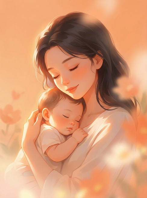 暖橙色治愈系插画风格，母亲温柔将孩子抱在怀中，光影柔和温暖，画面干净清新，使用参考图的暖调柔焦插画风格，整体氛围温馨充满爱意，边缘有朦胧的光效质感预览效果