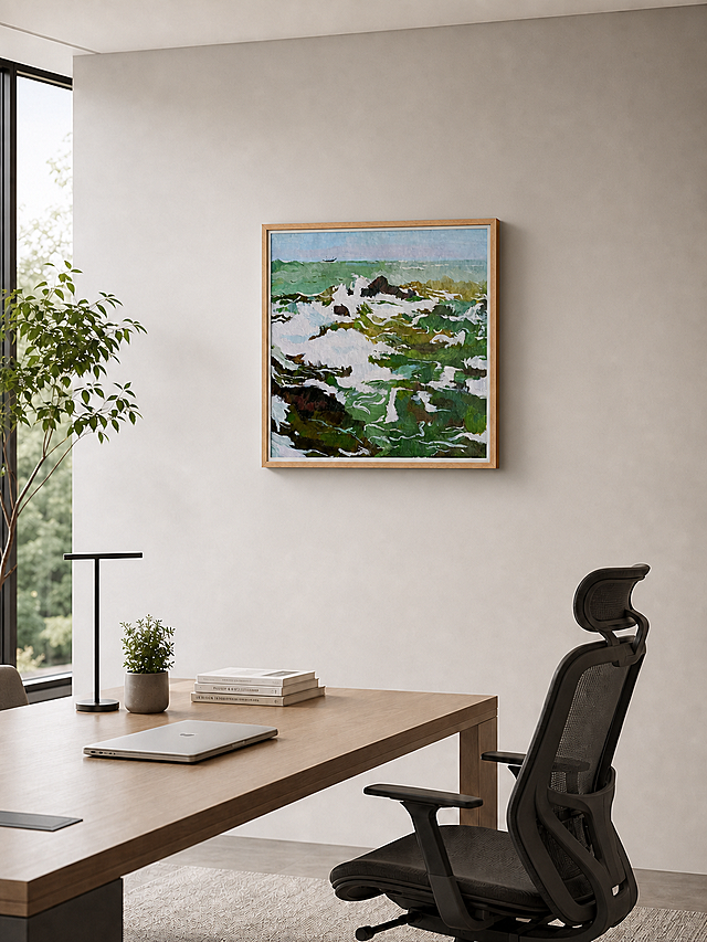 缩小墙上这幅带框海浪油画的尺寸，让画变得更小一些，保持整体办公室场景自然协调