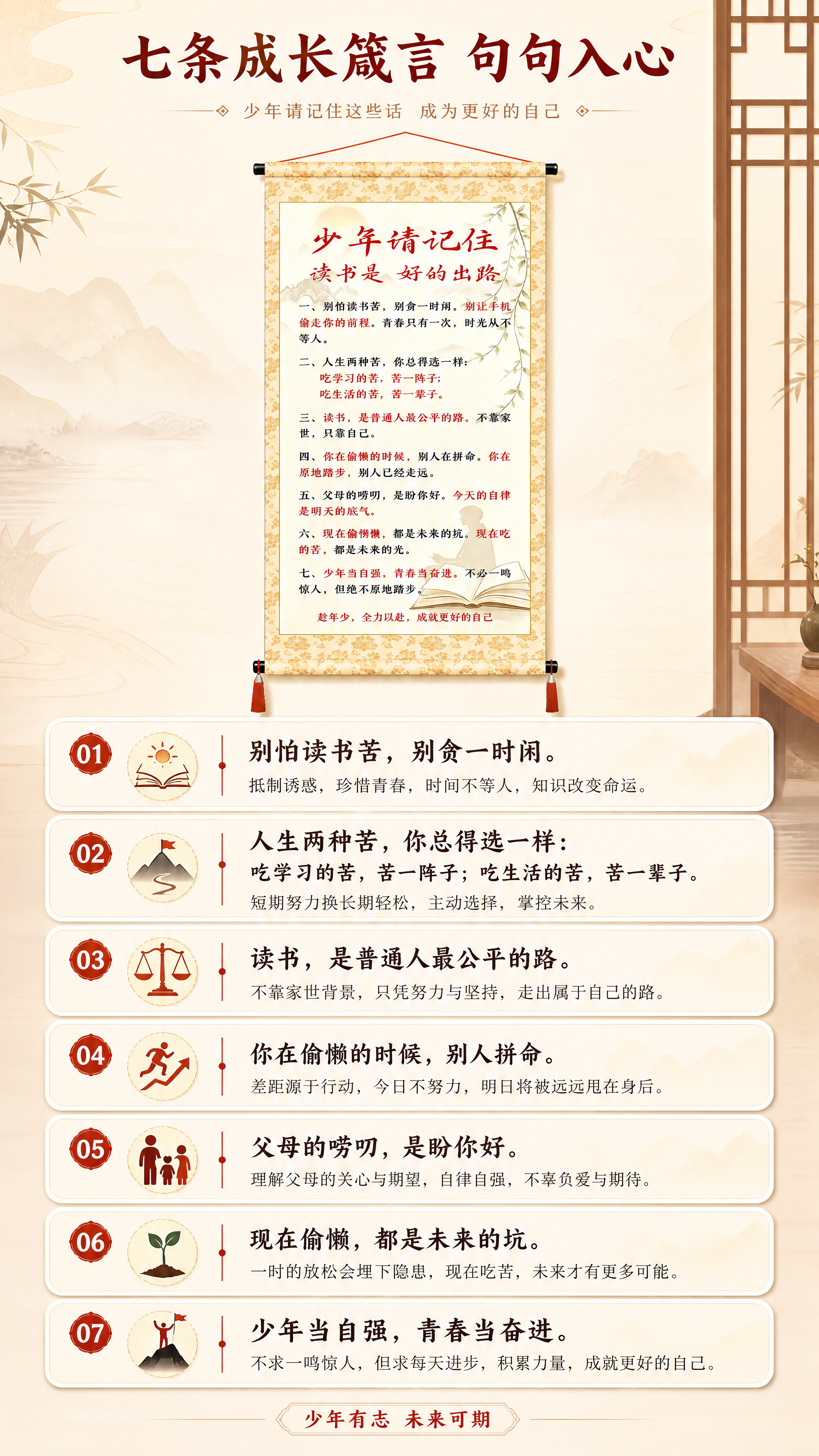 [商品] 使用【图1】少年请记住励志挂画；保留国风卷轴造型、米… - 图片创意预览