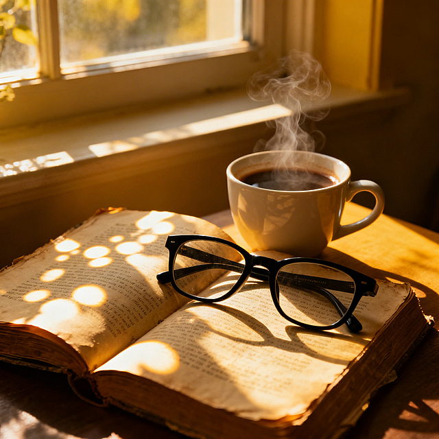 一杯冒着热气的咖啡旁，摊开一本泛黄的旧书，温暖阳光透过窗户在书页上投下柔和光斑，书旁点缀着一副黑框眼镜，整体色调温暖治愈，质感细腻，光影层次丰富