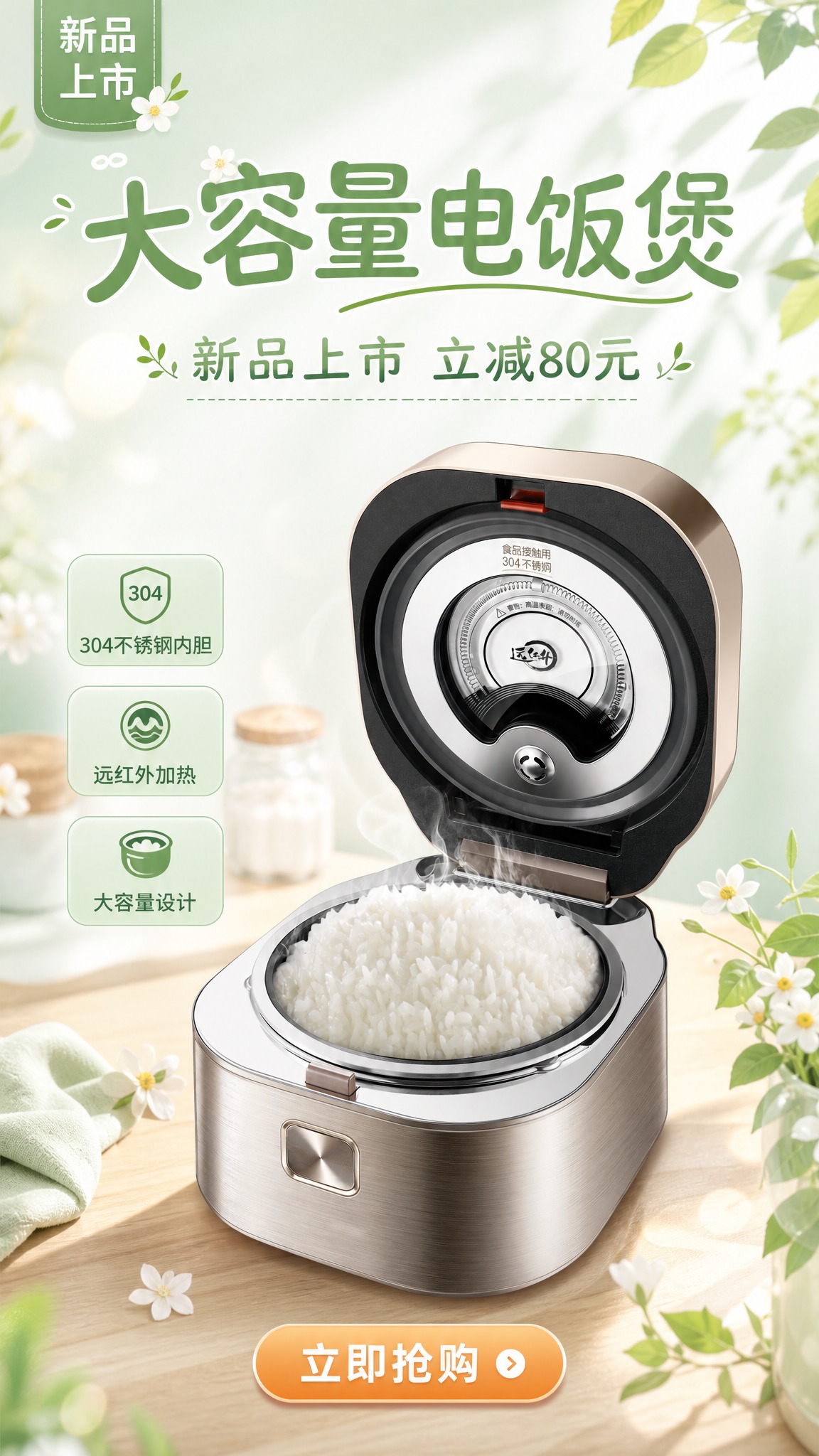 小清新风格电饭煲新品上市海报，画面比例9:16竖版。电饭煲10… - 图片创意预览