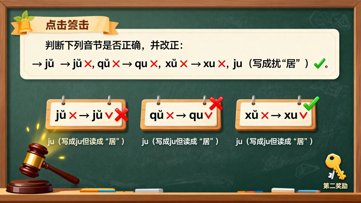 汉语拼音课程第10页，标题“小法官，来判案 👩‍⚖️👨‍⚖️”。上下结构，上方是题目，下方答案点击后出现，每组一个题板。题目：判断下列音节是否正确，并改正：jü ❌ → ju ✅，qü ❌ → q预览效果