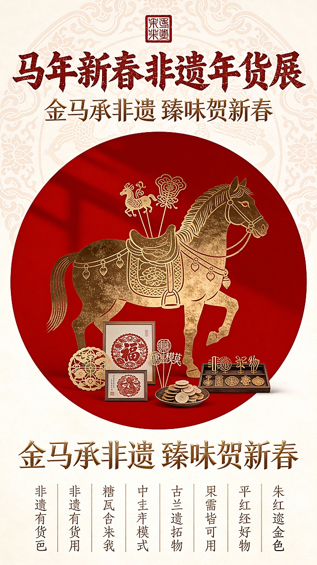 国潮风剪纸与鎏金浮雕结合，双色设计呈现马年新春非遗年货展，喜庆古典，民族韵味浓厚。