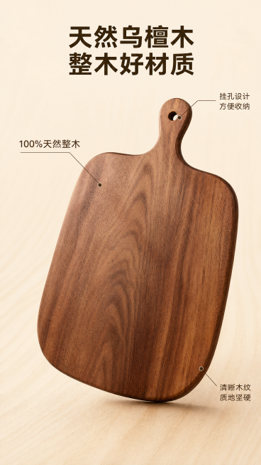 [第3屏] 乌檀木砧板核心材质解析页。
[氛围/风格] 材质细节展示，自然真实，专业摄影质感，突出天然木材纹理。
[元素布局] 本屏使用图1作为商品主体，乌檀木砧板整木占据画面中心80%区域，保持砧板预览效果