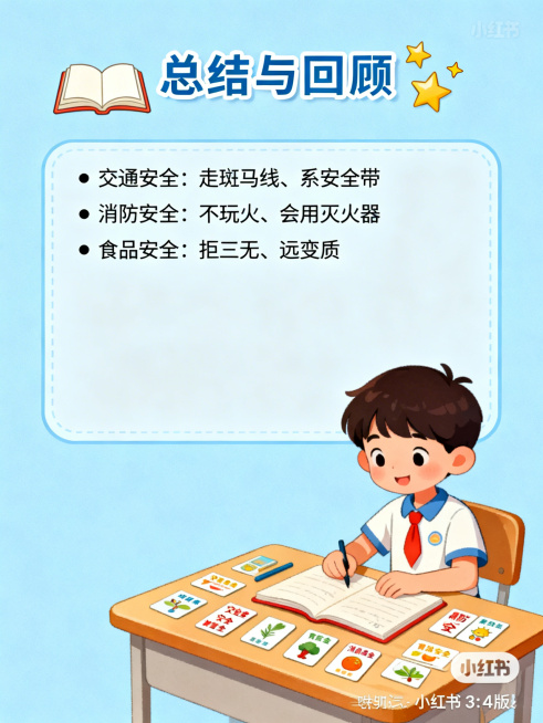 小红书3:4竖版宣传图，总结与回顾主题，浅蓝色背景。顶部标题"总结与回顾"配打开的书本与星星图标。左侧文字框内容："• 交通安全：走斑马线、系安全带\n• 消防安全：不玩火、会用灭火器\n• 食品安全预览效果