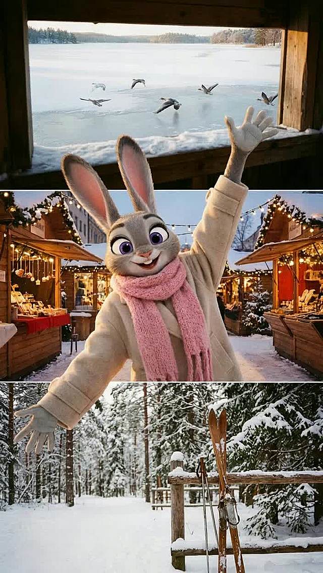 朱迪穿浅米色廓形大衣、粉色毛围巾，面向镜头露齿微笑。下面一层为动态三宫格冬季雪天场景，三宫格的高度完全相等：第一张是冬季湖畔观鸟屋场景，几只裹着雪的候鸟从湖面掠过；第二张为冬季户外手作市集摊位场景，朱迪比心；第三张为冬季林间雪道休息区场景，滑雪板立在画面中。