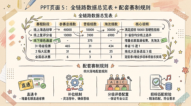 16:9横版PPT内页，主题PPT页面 5：全链路数据总览表 + 配套赛制规则，上半区数据汇总表格，包含赛程阶段参赛总组数晋级组数淘汰组数核心说明，具体数据：线上海选初审40000/10000/30000满足招标 10000 首硬性指标；线上复评分省10000/3100/6900 31 省份均分线上选手；线下绿色通道-/375/-增量名额直通省赛，无淘汰；31 场省级赛465/31/434单省 15 进 1；2 场大区赛31/6/25南北大区各选出 3 组；全国总决赛6/3冠亚季/3增设多项单项音乐奖项；下半区四大落地配套规则：直通卡、补位机制、分级评委配置、招标匹配校验，配图简约数据仪表盘、奖杯、评委席位扁平化插画，治愈系手写手绘风格，创意手账质感，整体整洁精美