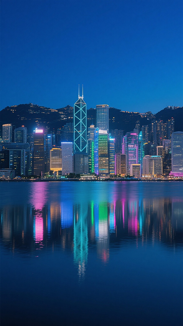 夜晚的城市天际线背景，深蓝色渐变夜空下，密集的现代化摩天大楼群被五彩斑斓的灯光点亮，中央矗立着带有菱形几何外框的标志性高楼，其顶部有两根细长天线，建筑群后方是点缀着零星灯火的低矮山景，前景为平静的水面，清晰倒映着建筑的霓虹灯光，呈现出蓝、绿、粉等彩色光带的平滑倒影，整体氛围繁华而宁静，光影对比鲜明，具有写实的城市夜景摄影质感，构图饱满，视觉焦点集中在中央高楼及水面倒影。