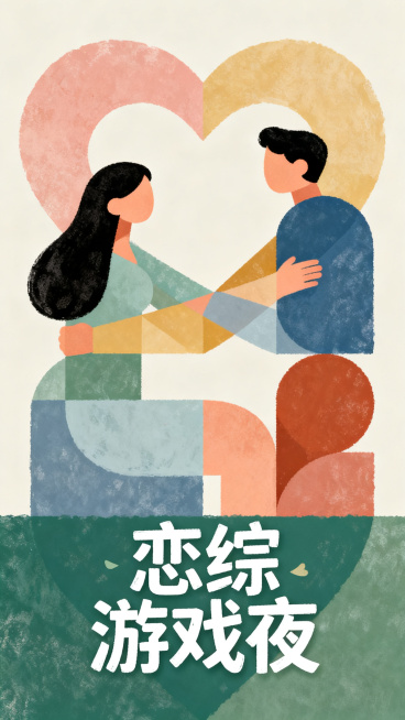 恋综游戏夜主题海报，采用2026年流行的幼稚天真设计风格，用抽象几何形状表现男男女女之间朦胧暧昧的情思，营造心连心身体接触、感情逐渐升温的浪漫氛围感，排版不对称，色彩饱和度柔和自然，保留手绘涂鸦质感，预览效果