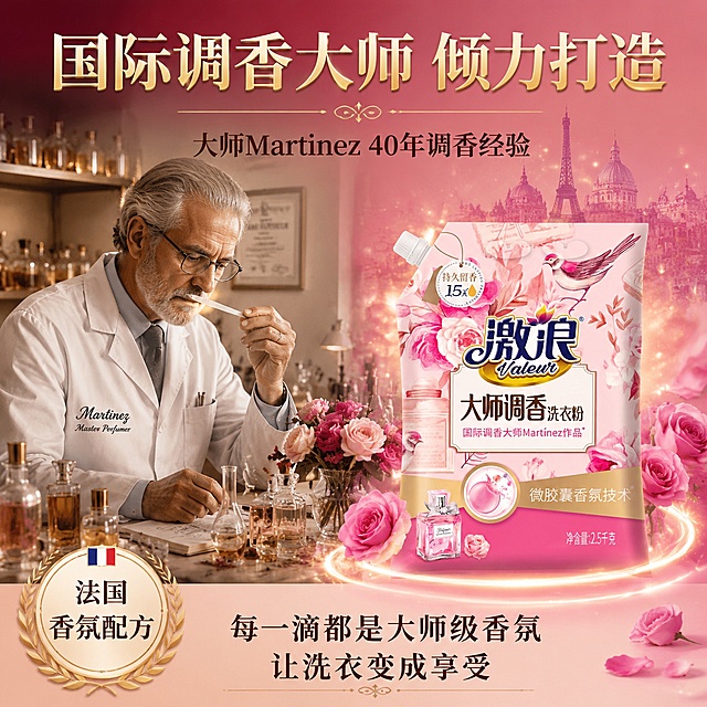 [主图-15] 激浪大师调香洗衣粉 品牌故事背书图
[氛围风格] 高端品牌感 法式香氛风 粉金高级质感
[画质] 商业摄影质感 光线精致柔和 画面高级有故事感 超高清
[元素] 画面左侧是一位国际调香大师的工作场景 老年男性调香师 穿着白大褂 在法国香水工作室里 面前的工作台上摆满了各种香水瓶和鲜花 他正在闻香试纸 神情专注专业 右侧是激浪洗衣粉袋装产品 占画面约40% 产品外观与输入图完全一致 产品周围有金色光晕和玫瑰花装饰 背景为深粉色渐变 带有法式建筑剪影和金色光斑 整体氛围高端专业
[光影] 左侧工作室暖光 柔和有层次 右侧产品有金色轮廓光 突出高级感 整体光影精致电影感
[配色] 主色调深粉 玫瑰金 辅助色白色 金色 深棕文字 法式优雅感
[视角构图] 左右构图 调香师场景在左 产品在右 平视视角 品牌感强
[文字版式] 顶部大标题 国际调香大师 倾力打造 金色粗体大字 下方小字 大师Martinez 40年调香经验 深棕色字体 产品下方文字 每一滴都是大师级香氛 让洗衣变成享受 深棕色 左下角有一个徽章样式标识 写着 法国香氛配方 金色边框 文字清晰 不遮挡产品和人物面部
[输出要求] 1:1比例 文字清晰锐利 超高清商业摄影质感
[负向提示词] 变形 文字错乱 产品模糊 背景杂乱 水印 电商平台Logo 多余手指 手部扭曲 人物面部扭曲 畸形手