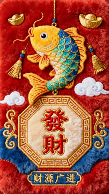 以发财为主题的毛绒质感刺绣图案，整体艺术风格保持传统中式刺绣的精致细腻，主色调使用红色、蓝色、黄色等色彩，画面中心是一条色彩鲜艳的金色鲤鱼，鱼鳞以蓝色和绿色渐变刺绣呈现，鱼鳍和鱼尾有金色流苏装饰，周围预览效果