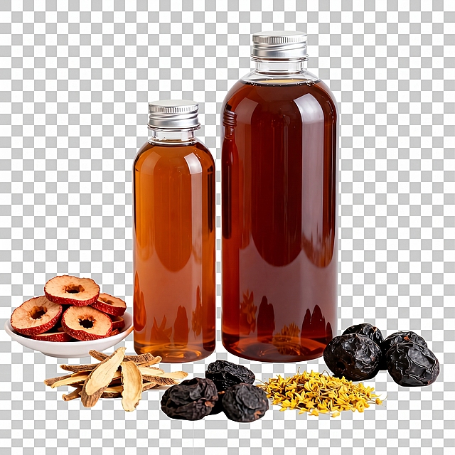 产品摄影风格，一瓶350ml、一瓶500ml的透明塑料瓶装的酸梅汤，瓶身简约无贴纸，透过瓶身清晰可见深琥珀色的液体。旁边有山楂片、乌梅、陈皮、甘草、桂花。PNG格式，无背景。整体干净、真实、有食欲。