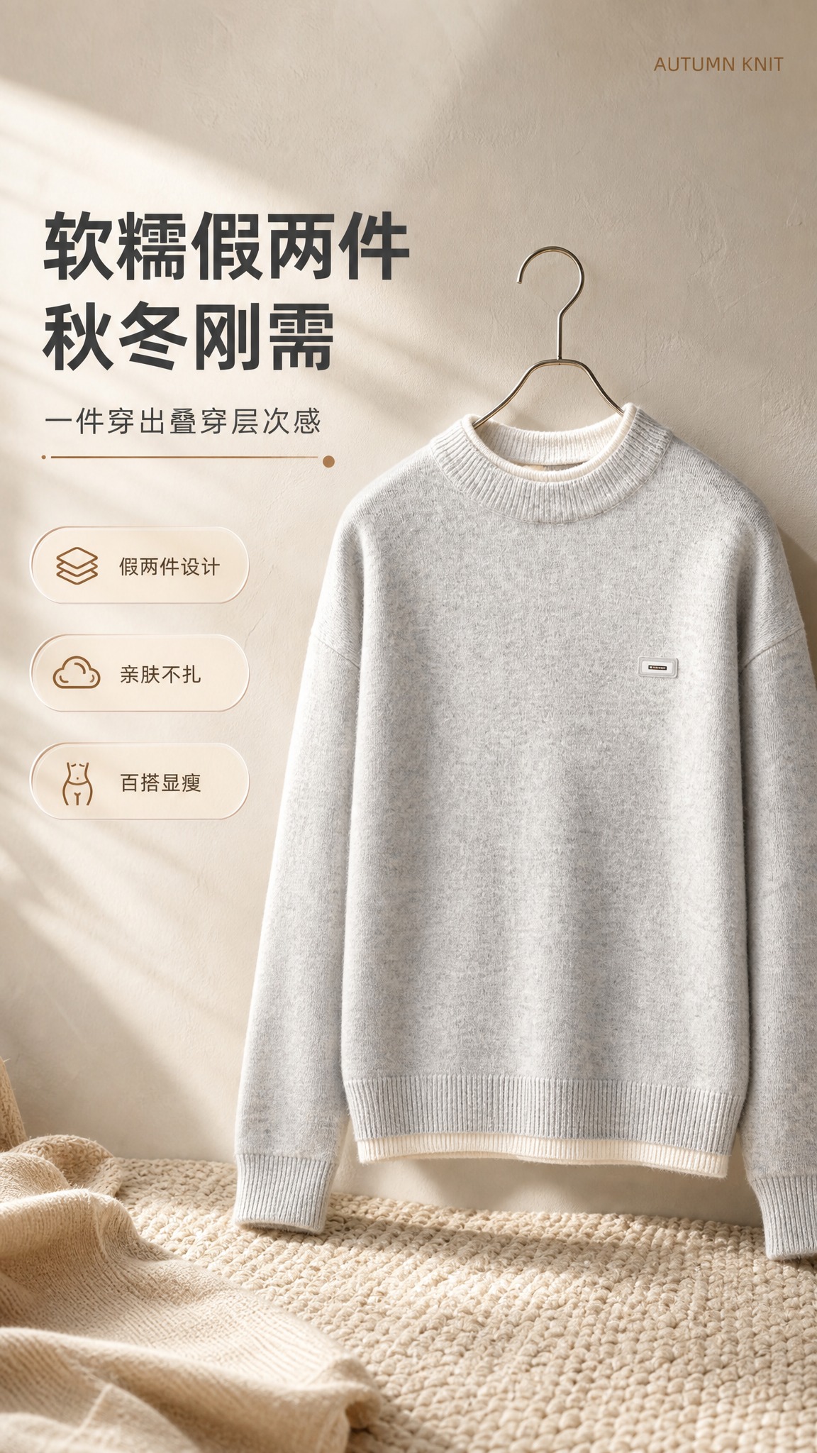[商品] 使用【图1】浅花灰色假两件半高领针织毛衣；商品处理：… - 图片创意预览