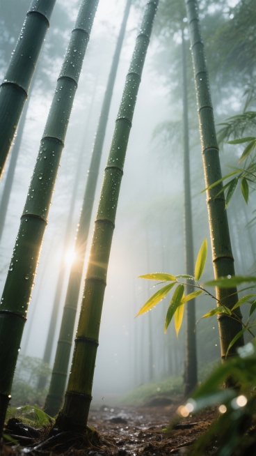 逆光仰拍，晨雾弥漫的古老竹林深处，数十根苍劲的青竹刺破薄雾直插天际，竹竿表面覆盖着晶莹的露珠，阳光透过叶隙在竹节上投射出狭长的金色光纹，新抽的嫩竹泛着鹅黄与翠绿的渐变，与老竹的墨绿形成岁月的对话，几片竹叶在微风中轻颤，将光斑抖落在铺满腐殖质的湿润地面，空气中悬浮着细小的尘埃与水汽，背景在晨雾中晕染成朦胧的青灰色调，镜头捕捉到竹纤维的细微纹理与露珠滚落的瞬间动态。预览效果